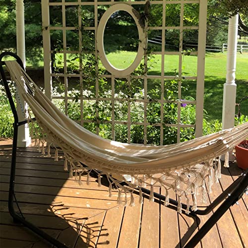 LALA IKAI Macrame Fringe Hammock Boho Balcony Hammock Handmade Tassels Hammock 2 Person Double Hammock 450lbs for Home,Outdoor,Backyard,Beach,Patio