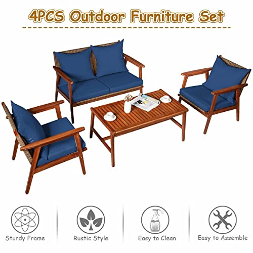 LUKEO Patio Rattan Furniture Set Acacia Wood Frame Cushioned Sofa Chair Navy Single Sofa Loveseat