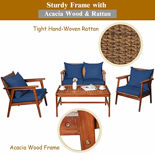 LUKEO Patio Rattan Furniture Set Acacia Wood Frame Cushioned Sofa Chair Navy Single Sofa Loveseat