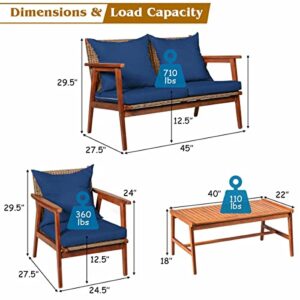 LUKEO Patio Rattan Furniture Set Acacia Wood Frame Cushioned Sofa Chair Navy Single Sofa Loveseat