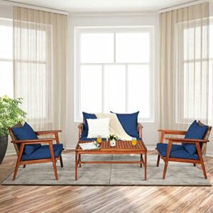 LUKEO Patio Rattan Furniture Set Acacia Wood Frame Cushioned Sofa Chair Navy Single Sofa Loveseat