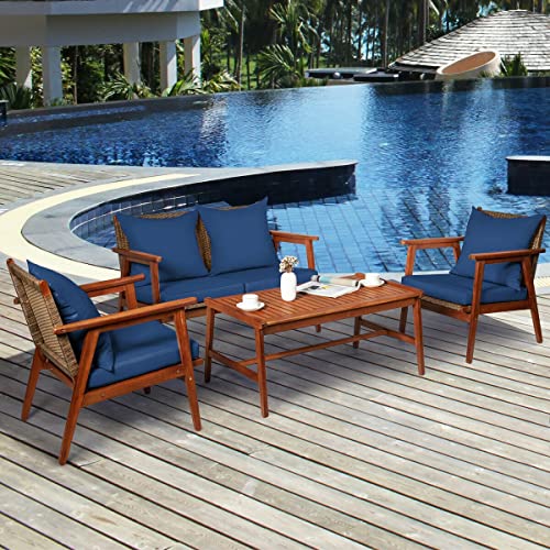 LUKEO Patio Rattan Furniture Set Acacia Wood Frame Cushioned Sofa Chair Navy Single Sofa Loveseat