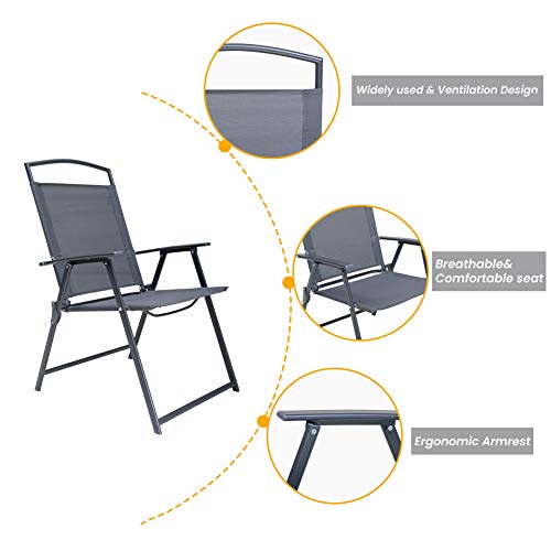 Pellebant Set of 4 Patio Dining Chairs, Outdoor Folding Chairs with Armrest, Patio Furniture Chairs for Camping, Beach, Backyard, Garden, Poolside, Gray