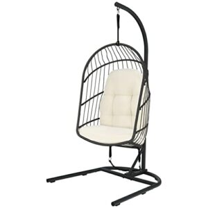 sawqf hanging wicker egg chair w/ stand cushion foldable outdoor indoor beige/gray ( color : e )