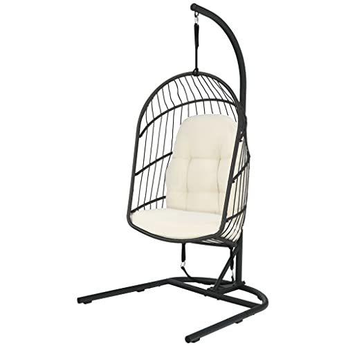 SAWQF Hanging Wicker Egg Chair w/ Stand Cushion Foldable Outdoor Indoor Beige/Gray ( Color : E )