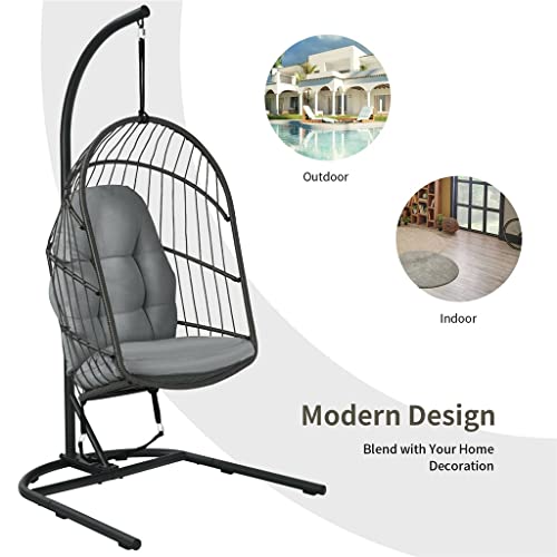 SAWQF Hanging Wicker Egg Chair w/ Stand Cushion Foldable Outdoor Indoor Beige/Gray ( Color : E )