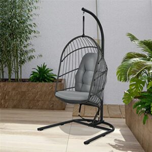 SAWQF Hanging Wicker Egg Chair w/ Stand Cushion Foldable Outdoor Indoor Beige/Gray ( Color : E )