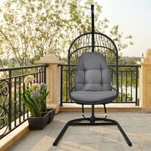 SAWQF Hanging Wicker Egg Chair w/ Stand Cushion Foldable Outdoor Indoor Beige/Gray ( Color : E )
