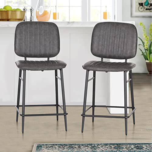 ALPHA HOME Bar Stools Set of 2, Counter Stools with High Back, Modern Upholstered Cushion Barstools Chair with Metal Frame for Kitchen Dining Cafe Indoor, 24 Inch, Dark Grey, 2PCS