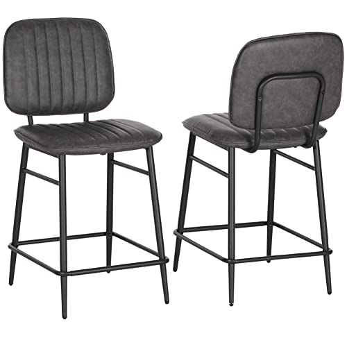 ALPHA HOME Bar Stools Set of 2, Counter Stools with High Back, Modern Upholstered Cushion Barstools Chair with Metal Frame for Kitchen Dining Cafe Indoor, 24 Inch, Dark Grey, 2PCS