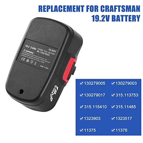 3.6Ah Ni-Mh 19.2V Replacement Battery Compatible with Craftsman 19.2 Volt Battery Diehard C3 130279005 130279003 315.113753 315.115410 315.11485 1323903 1323517 11375 11376 Cordless Power Batteries