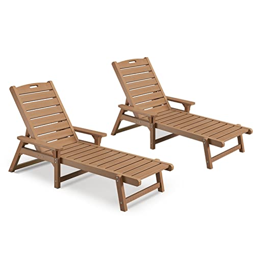 Psilvam Chaise Lounges Set of 2, Lounge Chairs with Adjustable Backrest, Supports Up to 350 lbs, All Weather Recliner Poly Lumber Lounges Bed for Poolside, Porch, Patio(Light Brown) (2)