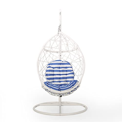 Christopher Knight Home Teresa Outdoor Wicker Tear Drop Hanging Chair, White and Blue