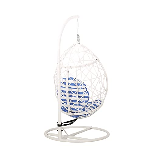 Christopher Knight Home Teresa Outdoor Wicker Tear Drop Hanging Chair, White and Blue