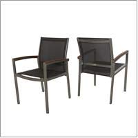 Emma Patio Dining Chairs - Aluminum - Outdoor Mesh Seats - Faux Wood Arms - Set of 2 - Silver with Gray and Natural Finish