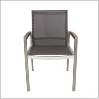 Emma Patio Dining Chairs - Aluminum - Outdoor Mesh Seats - Faux Wood Arms - Set of 2 - Silver with Gray and Natural Finish