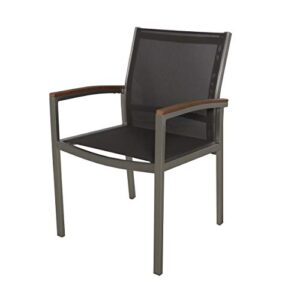 Emma Patio Dining Chairs - Aluminum - Outdoor Mesh Seats - Faux Wood Arms - Set of 2 - Silver with Gray and Natural Finish