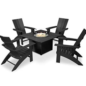 POLYWOOD Modern Curveback Adirondack Chair 5-Piece Conversation Set with Fire Pit Table
