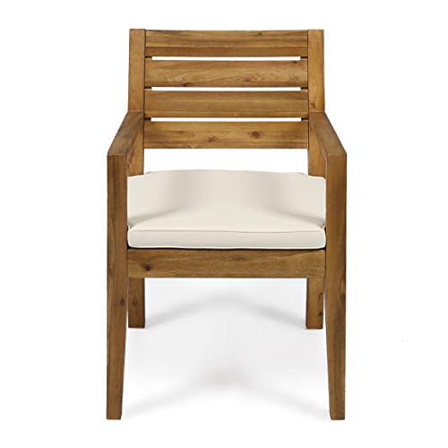 Great Deal Furniture Arely Outdoor Acacia Wood Dining Chairs, Sandblast Natural and Cream (Set of 2)