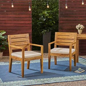 Great Deal Furniture Arely Outdoor Acacia Wood Dining Chairs, Sandblast Natural and Cream (Set of 2)