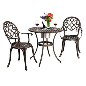sawqf european style cast aluminum outdoor 3 piece patio bistro set of table and chairs with ice bucket bronze outdoor furniture set