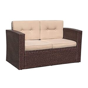 super patio outdoor wicker loveseat patio furniture, rattan corner sofa chair with beige cushions, additional seats for sectional sofa set, porch and poolside, espresso brown