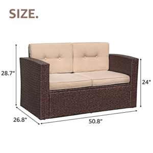 Super Patio Outdoor Wicker Loveseat Patio Furniture, Rattan Corner Sofa Chair with Beige Cushions, Additional Seats for Sectional Sofa Set, Porch and Poolside, Espresso Brown