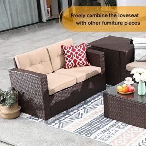 Super Patio Outdoor Wicker Loveseat Patio Furniture, Rattan Corner Sofa Chair with Beige Cushions, Additional Seats for Sectional Sofa Set, Porch and Poolside, Espresso Brown