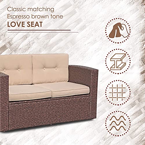 Super Patio Outdoor Wicker Loveseat Patio Furniture, Rattan Corner Sofa Chair with Beige Cushions, Additional Seats for Sectional Sofa Set, Porch and Poolside, Espresso Brown