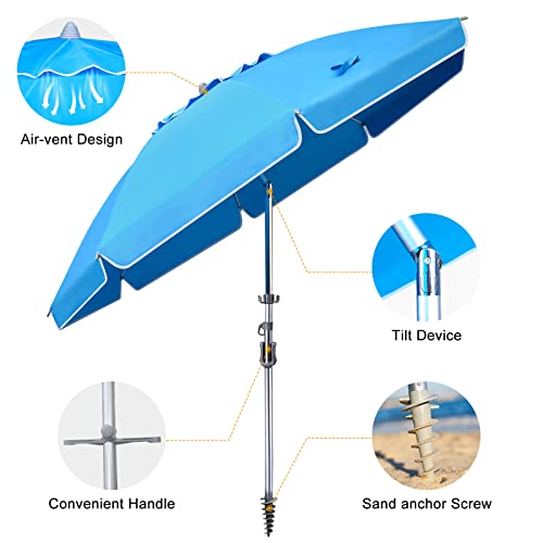 Keten 6.5ft Beach Umbrella for Sand with Sand Anchor & Tilt Mechanism, Portable UPF 100+ Protection Windproof Outdoor Umbrella with Carry Bag & Four Prongs Hanging Hook for Beach，Patio, Outdoor, Blue