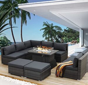 nicesoul® large size pe rattan 10 seats patio furniture sectional sofa sets with fire pit table gray outdoor wicker conversation sets modern luxury