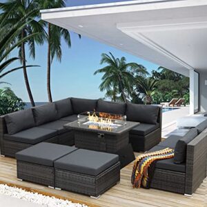 NICESOUL® Large Size PE Rattan 10 Seats Patio Furniture Sectional Sofa Sets with Fire Pit Table Gray Outdoor Wicker Conversation Sets Modern Luxury