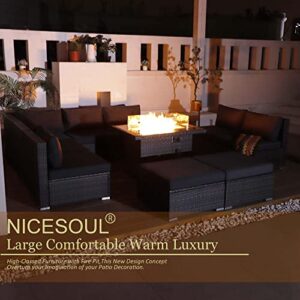 NICESOUL® Large Size PE Rattan 10 Seats Patio Furniture Sectional Sofa Sets with Fire Pit Table Gray Outdoor Wicker Conversation Sets Modern Luxury