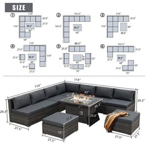 NICESOUL® Large Size PE Rattan 10 Seats Patio Furniture Sectional Sofa Sets with Fire Pit Table Gray Outdoor Wicker Conversation Sets Modern Luxury