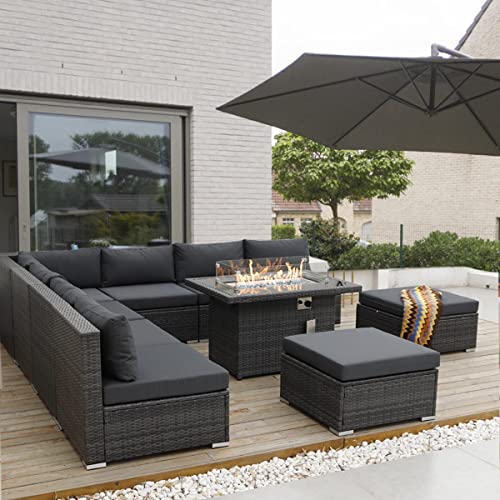 NICESOUL® Large Size PE Rattan 10 Seats Patio Furniture Sectional Sofa Sets with Fire Pit Table Gray Outdoor Wicker Conversation Sets Modern Luxury