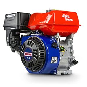 alphaworks gas engine 7hp motor horizontal 4 stroke ohv recoil start 3600rpm 8.85ft-lbs/12nm torque 3/4″x2.43” shaft 3/16″ keyway 5/16”-24 unf end tapped go kart log splitter epa/carb certified