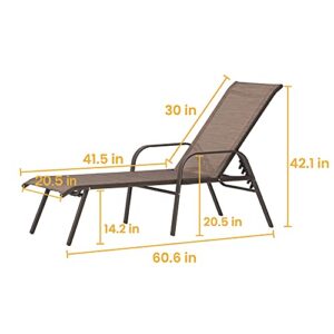 Crestlive Products Adjustable Chaise Lounge Chair, Five-Position and Full Flat Outdoor Recliner for Patio, Deck, Beach, Yard, Pool (2PCS Brown)