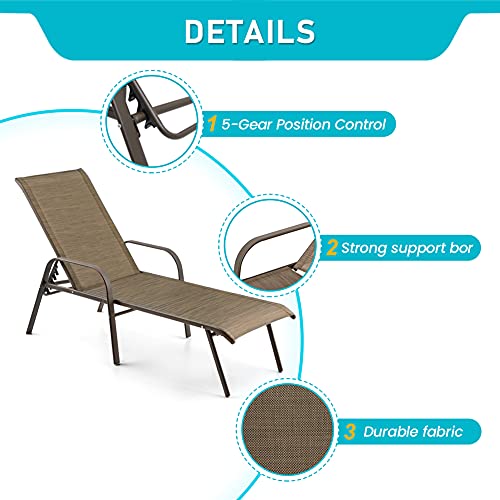 Crestlive Products Adjustable Chaise Lounge Chair, Five-Position and Full Flat Outdoor Recliner for Patio, Deck, Beach, Yard, Pool (2PCS Brown)