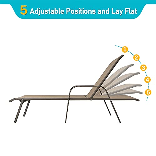 Crestlive Products Adjustable Chaise Lounge Chair, Five-Position and Full Flat Outdoor Recliner for Patio, Deck, Beach, Yard, Pool (2PCS Brown)