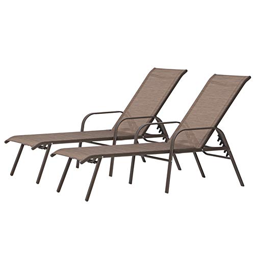 Crestlive Products Adjustable Chaise Lounge Chair, Five-Position and Full Flat Outdoor Recliner for Patio, Deck, Beach, Yard, Pool (2PCS Brown)