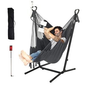 hammock chair with stand and foot pad double hammock chair bohemian style with tassel mobile phone support manually adjustable swing indoor and outdoor garden porch capacity 400 pounds