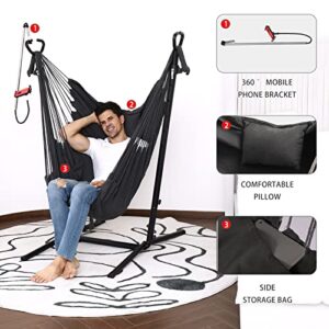 Hammock Chair with Stand and Foot pad Double Hammock Chair Bohemian Style with Tassel Mobile Phone Support manually Adjustable Swing Indoor and Outdoor Garden Porch Capacity 400 pounds