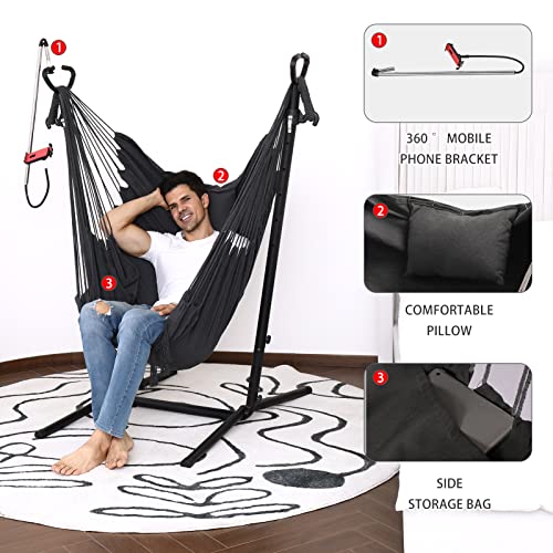 Hammock Chair with Stand and Foot pad Double Hammock Chair Bohemian Style with Tassel Mobile Phone Support manually Adjustable Swing Indoor and Outdoor Garden Porch Capacity 400 pounds