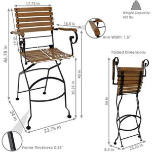 Sunnydaze Deluxe European Chestnut Wooden Folding Small Bistro Bar Chair with Arms - Portable - for Indoor or Outdoor Use - Patio, Deck, Balcony, Camping and Spare Seating - Set of 2