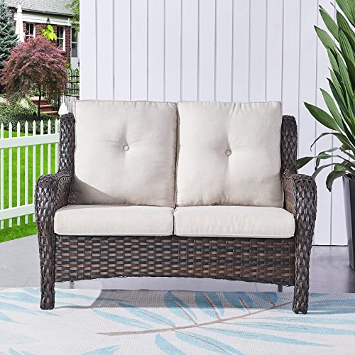 Rilyson Outdoor Loveseat Wicker Patio Sofa - 2-Seat Rattan Outdoor Couch Patio Furniture with Deep Seating and Cushions for Porch Deck Balcony(Brown/Beige)