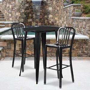 flash furniture commercial grade 30″ round black metal indoor-outdoor bar table set with 2 vertical slat back stools