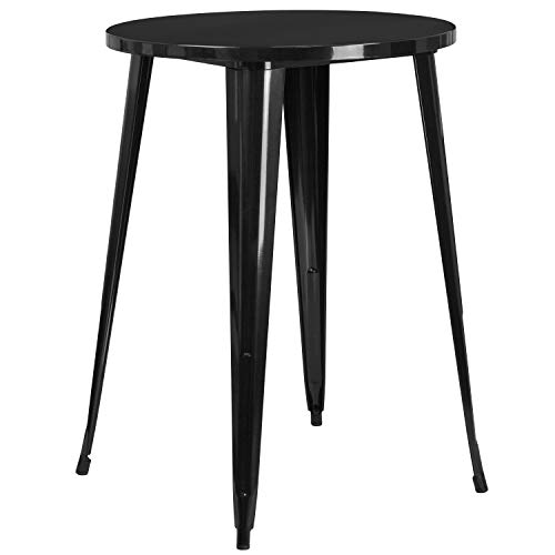 Flash Furniture Commercial Grade 30" Round Black Metal Indoor-Outdoor Bar Table Set with 2 Vertical Slat Back Stools