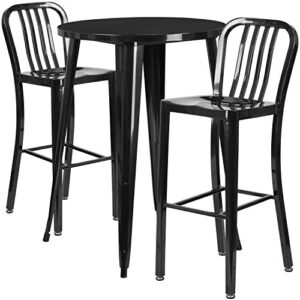 Flash Furniture Commercial Grade 30" Round Black Metal Indoor-Outdoor Bar Table Set with 2 Vertical Slat Back Stools