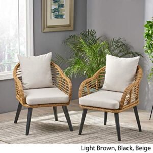 Becky Indoor Wicker Club Chairs with Cushions (Set of 2), Light Brown and Beige