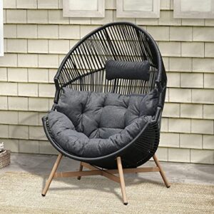 grand patio outdoor & indoor egg chair, pe rope open weave stationary conversation chair oversized egg basket lounger chair with stand for front porch, backyard, living room(dark grey, 1pc)
